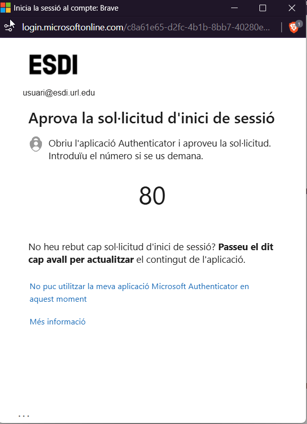 Pantalla de Microsoft Authenticator demanant aprovar l'inici de sessió amb un número