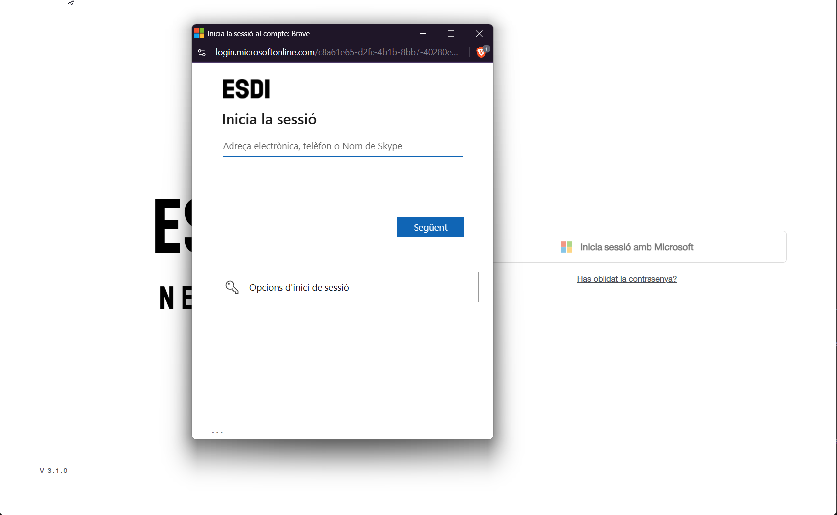 Finestra de Microsoft demanant l'adreça de correu institucional
