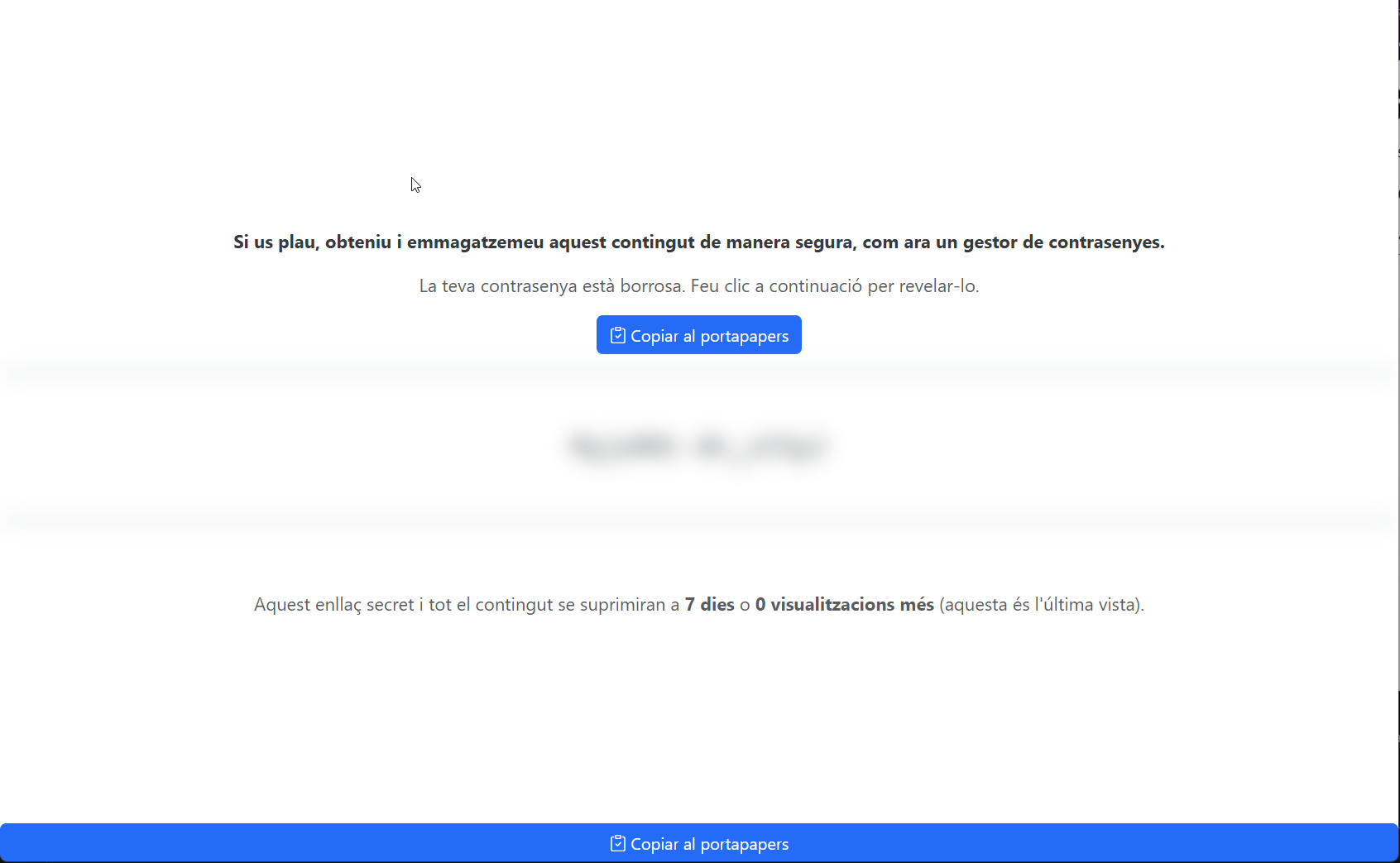 Pàgina de Password Pusher amb la contrasenya d'un sol ús
