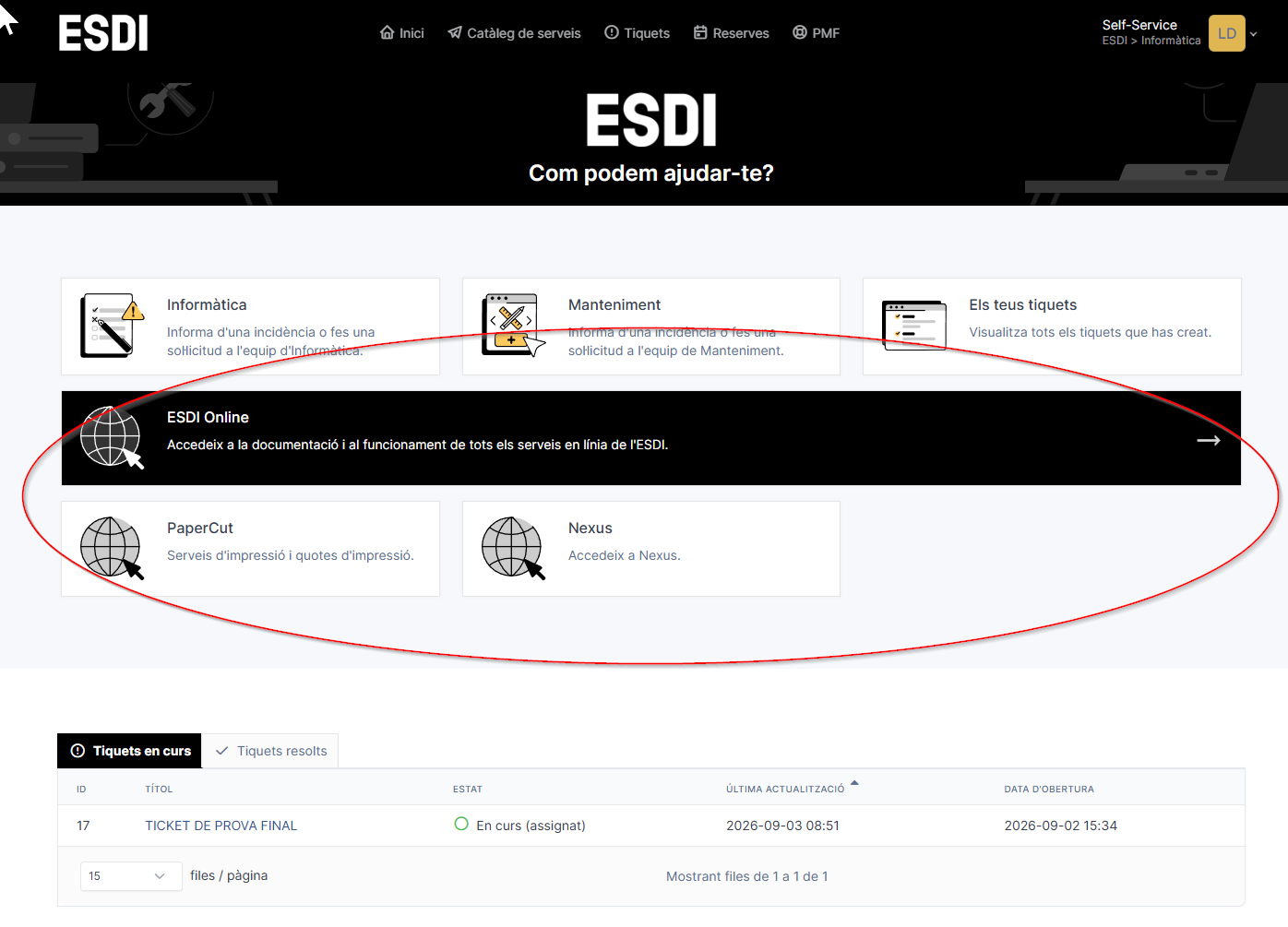 Enllaços a ESDI Online, PaperCut i Nexus al portal de GLPI