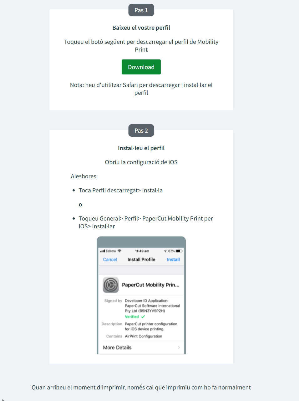 Configuració de la impressió a iOS amb Mobility Print