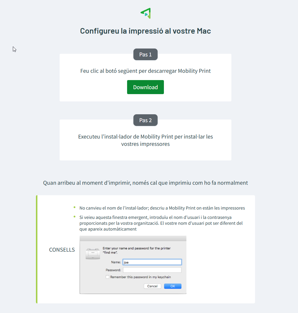 Configuració de la impressió al Mac amb Mobility Print