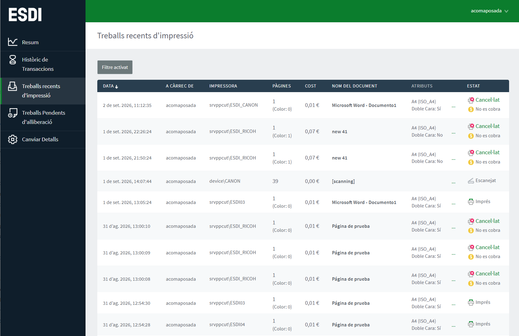 Treballs recents d'impressió amb data, impressora, pàgines i cost