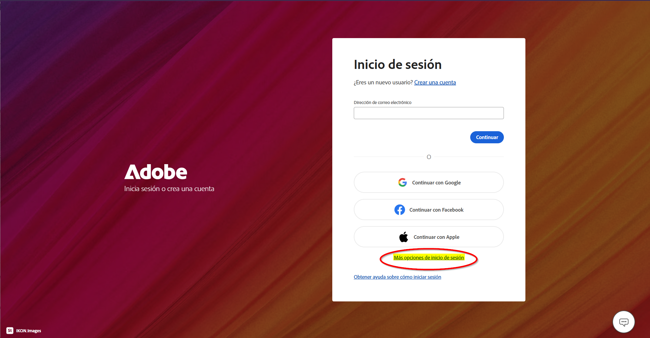 Pantalla d'inici de sessió d'Adobe amb el link Més opcions d'inici de sessió