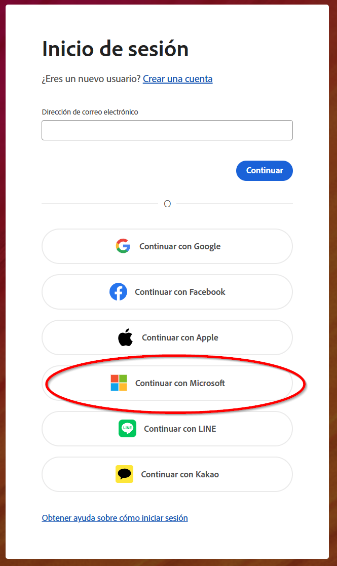 Llista d'opcions d'inici de sessió amb Continuar amb Microsoft