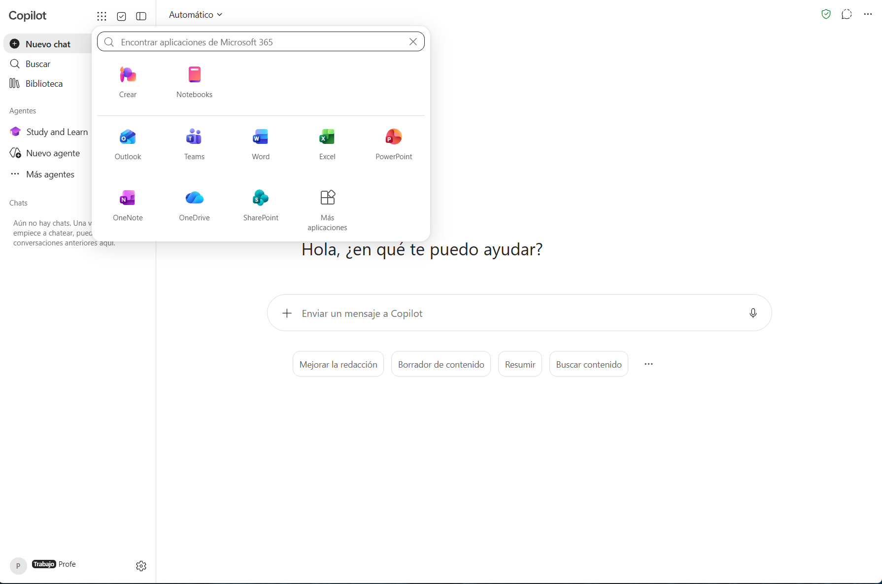 Botó de puntets amb la llista d'aplicacions: Outlook, Teams, Word, Excel, PowerPoint, OneNote, OneDrive, SharePoint
