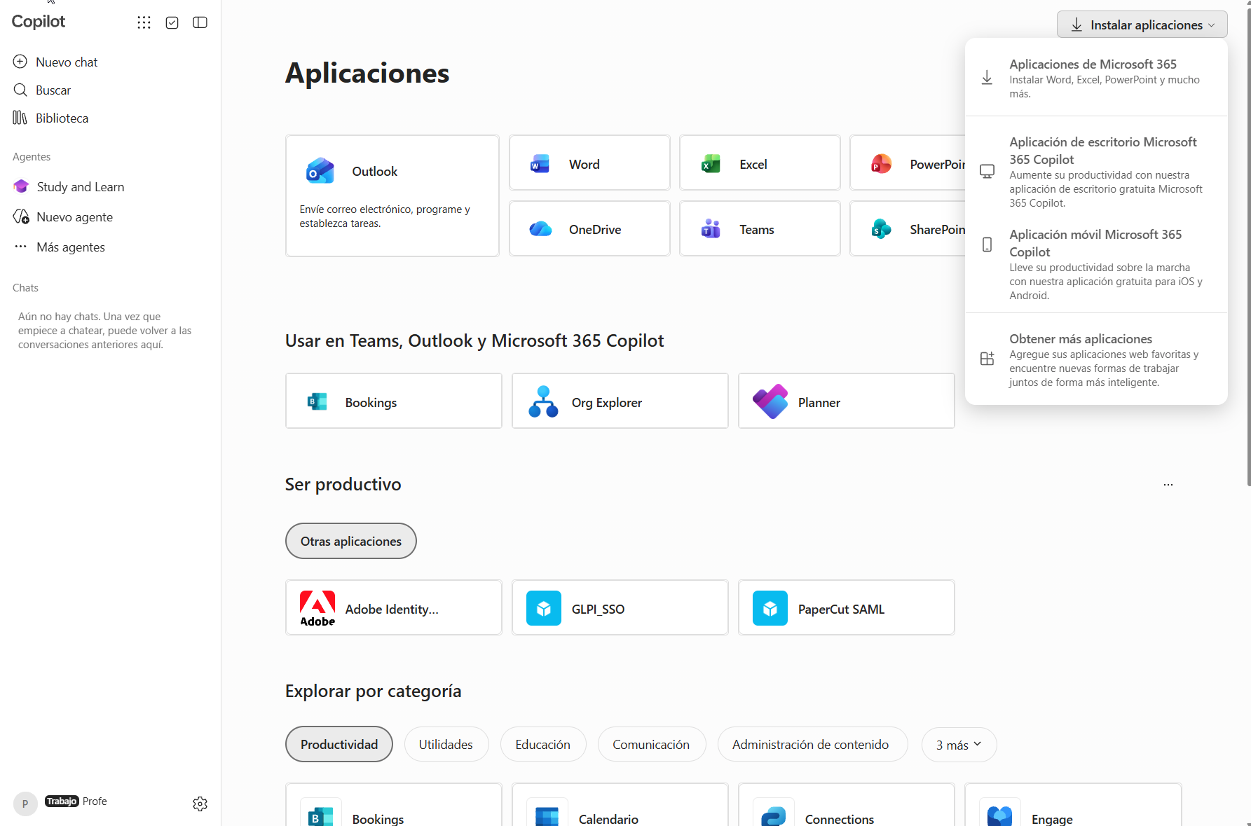 Menú desplegable amb Aplicaciones de Microsoft 365, aplicación de escritorio Copilot i app móvil